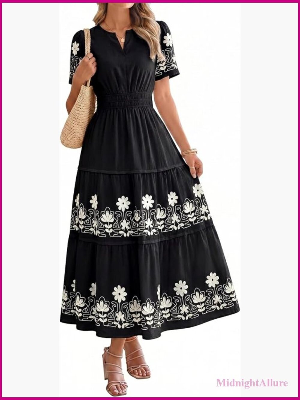 V Neck Short Sleeve Floral Maxi Dress with Smocked Waist Tiered Skirt - Picture 1 of 7